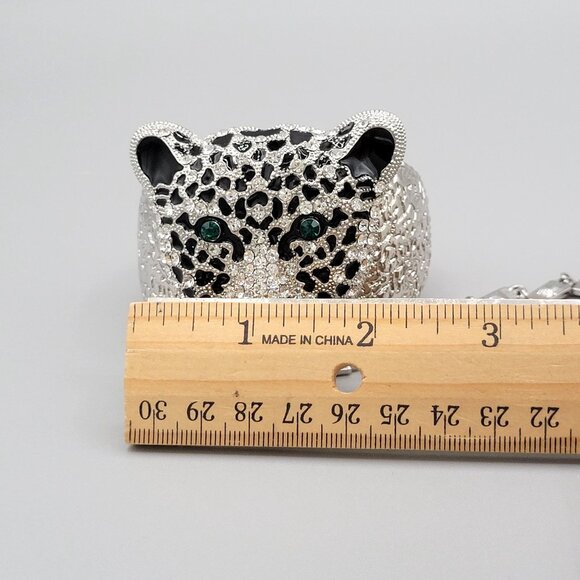 Large Leopard Head Rhinestone Bracelet Stretch Ring Set Hinged Green Crystal Eye - Picture 11 of 12